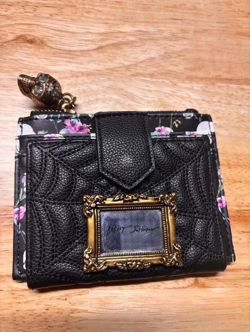 Betsey Johnson Black Leather Spiderweb Wallet with Skull Charm and Floral Skull-